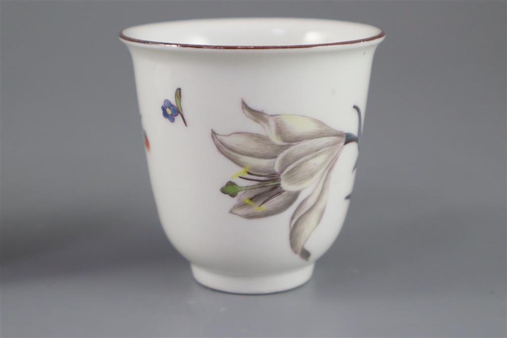 A Meissen botanical chocolate cup and a similar coffee cup and saucer, c.1740-50